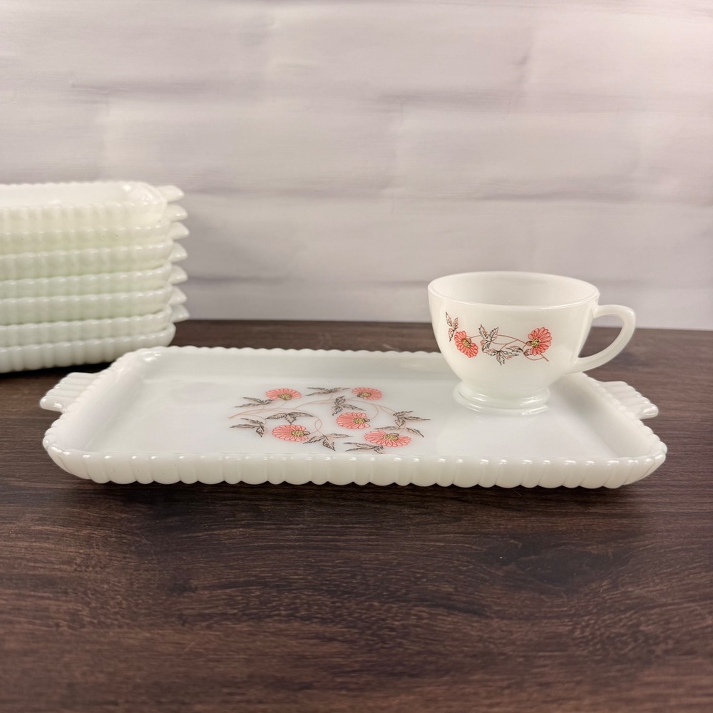 Fire-King Fleurette Milk Glass Snack Set 8 Trays Cups Pink Floral - Picture 7 of 11